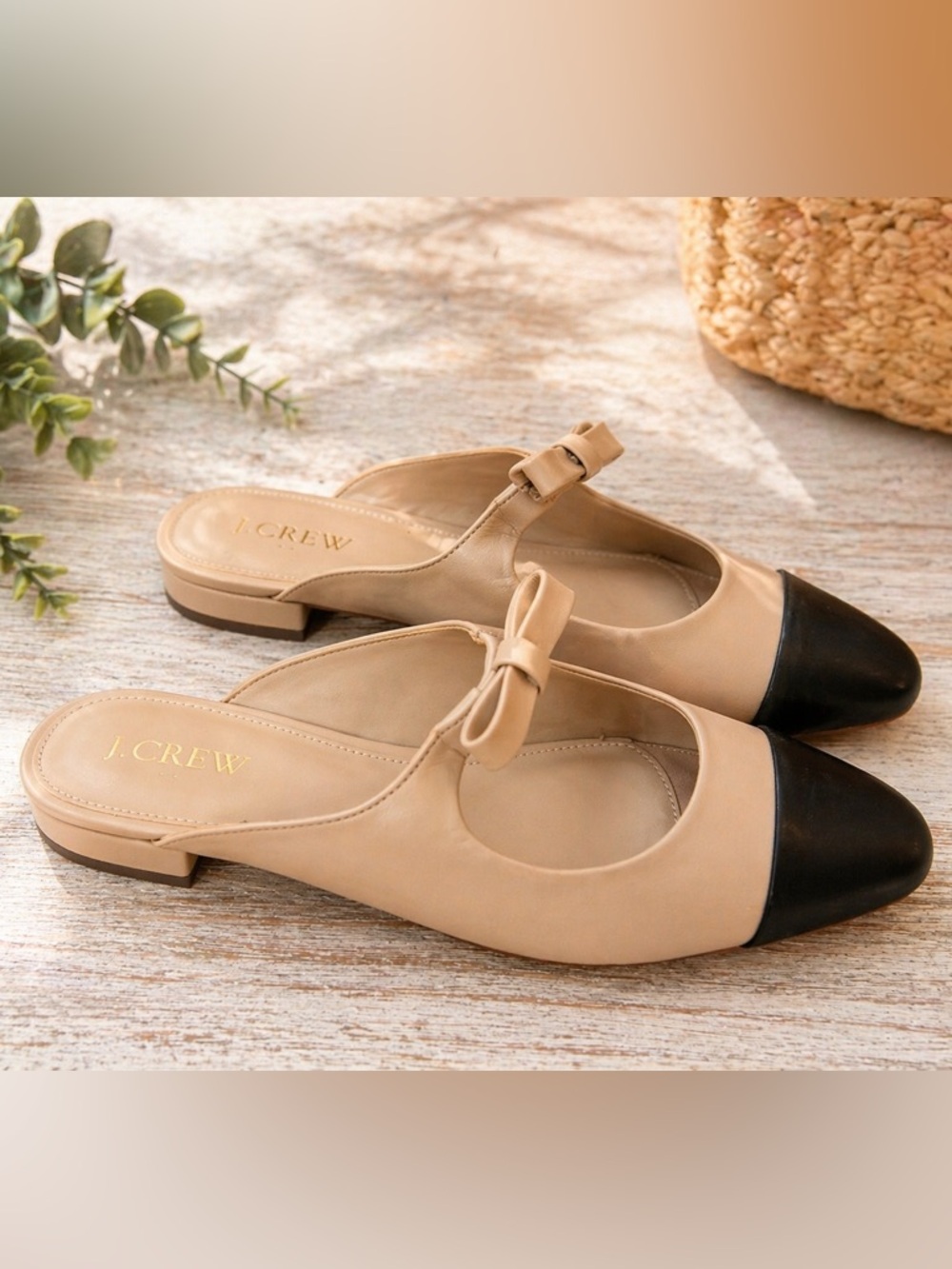 J.Crew Cap Toe Bow Mules Size 9 | Neutral Beige & Black | Chic Slip-On Flats